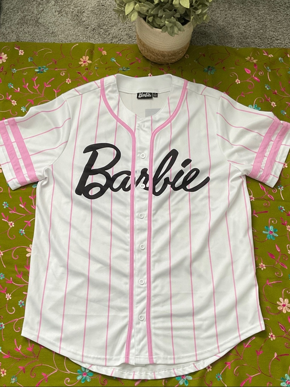 Barbie White Baseball Jersey with Pink Pinstripes